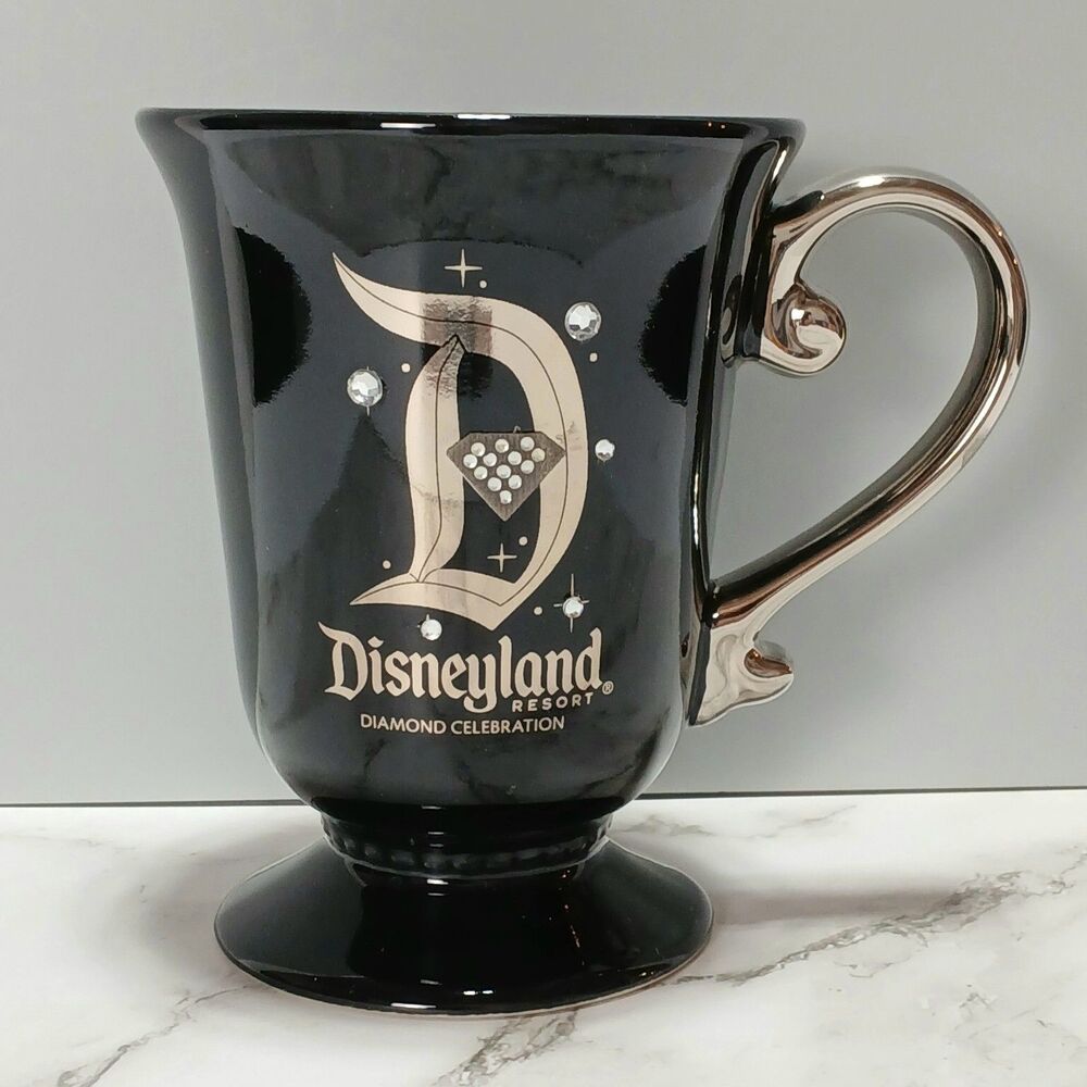 Disneyland Diamond Anniversary Glossy Black Mug w/ Silver Rhinestones & Trim New